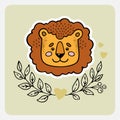 Lion. Cute funny hand drawn animal with hearts, leaves and branches.
